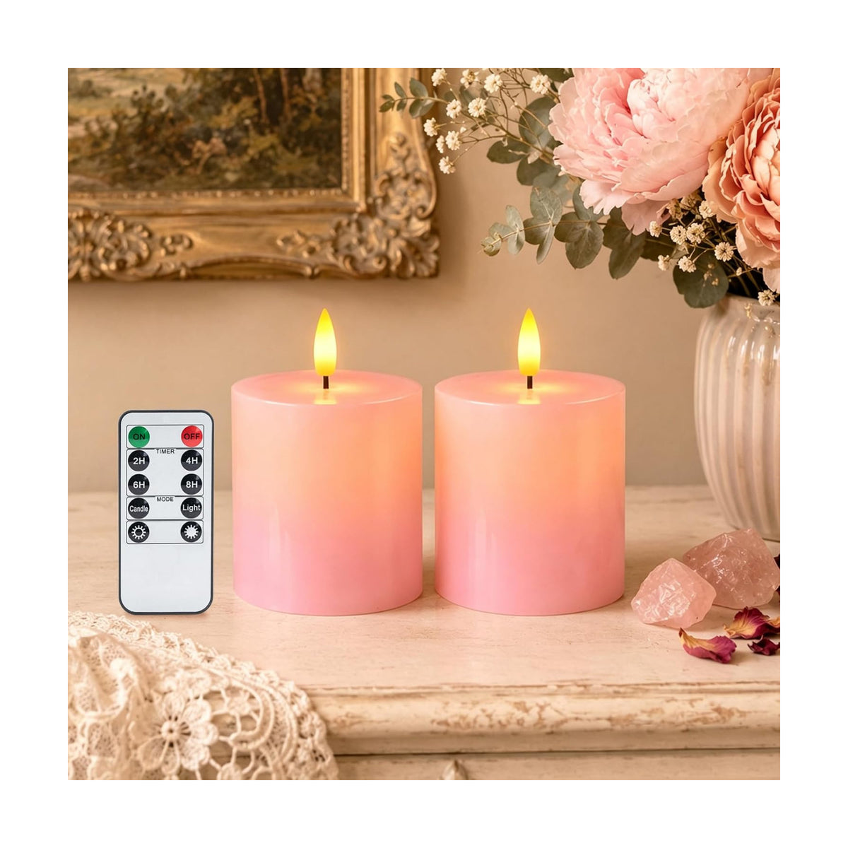 Homemory 3x3 Pink Flameless Candles Battery Operated with Remote Timer | Real Wax LED Pillar Candle with 3D Wick Flame