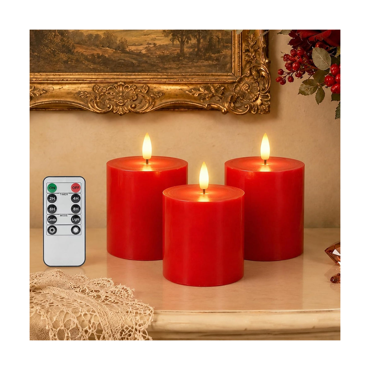 Homemory 3x3 Red Flameless Candles Battery Operated with Remote Timer, 3PC | Real Wax LED Pillar Candles with 3D Wick