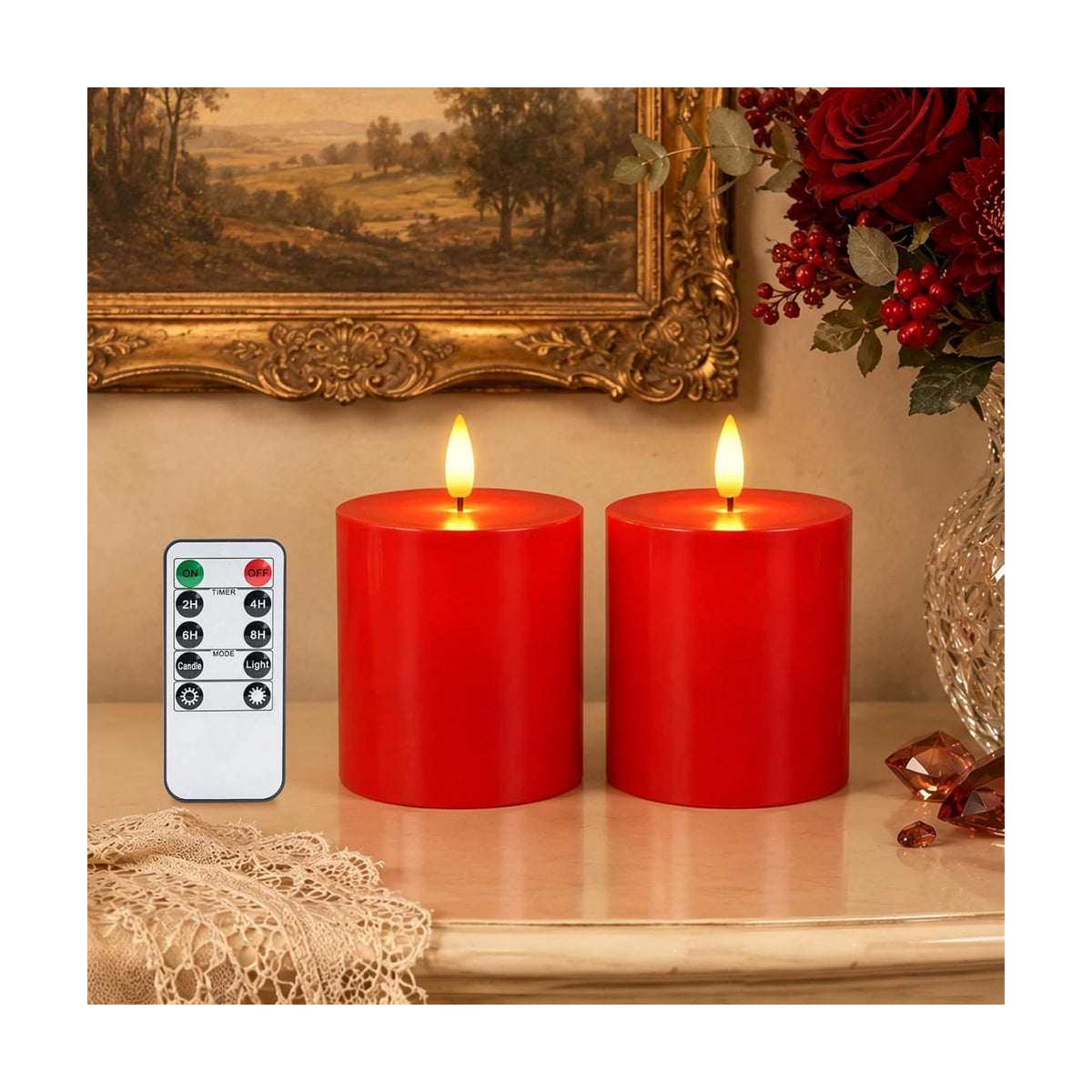 Homemory 3x3 Red Flameless Candles Battery Operated with Remote Timer, 2PC | Real Wax LED Pillar Candles with Realistic