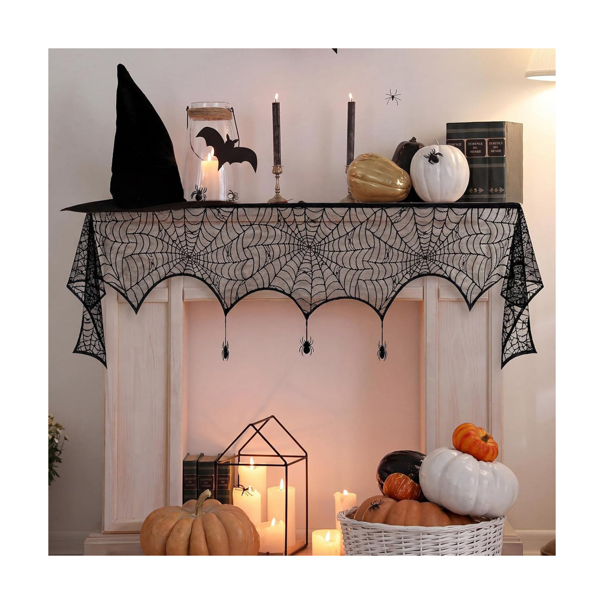 18 x 96 Inch Halloween Mantel Scarf Black Lace Spider Web Decor
