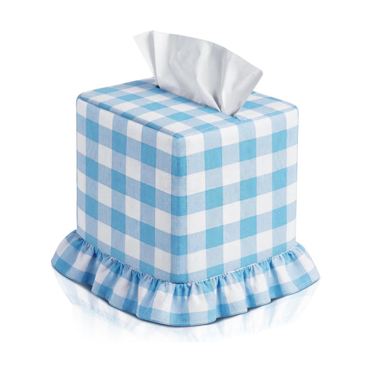 Ruffled Cover Cottagecore Handmade Decorative Gingham Napkin Holder / Blue