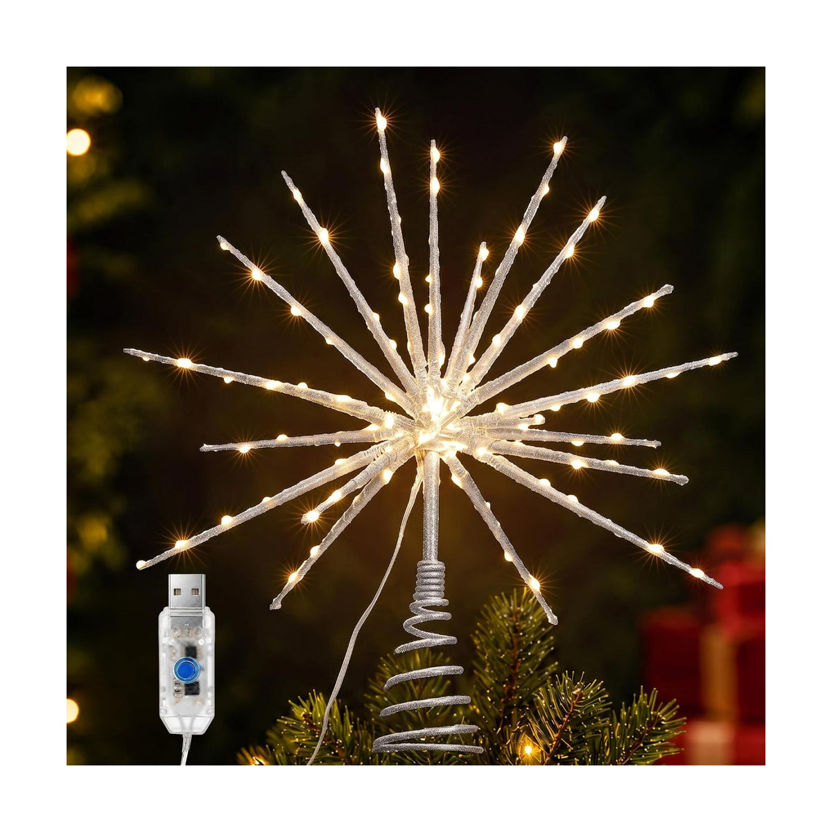 BrizLabs Silver Christmas Tree Topper Star, 14 in 8 Modes Lighted Starburst
