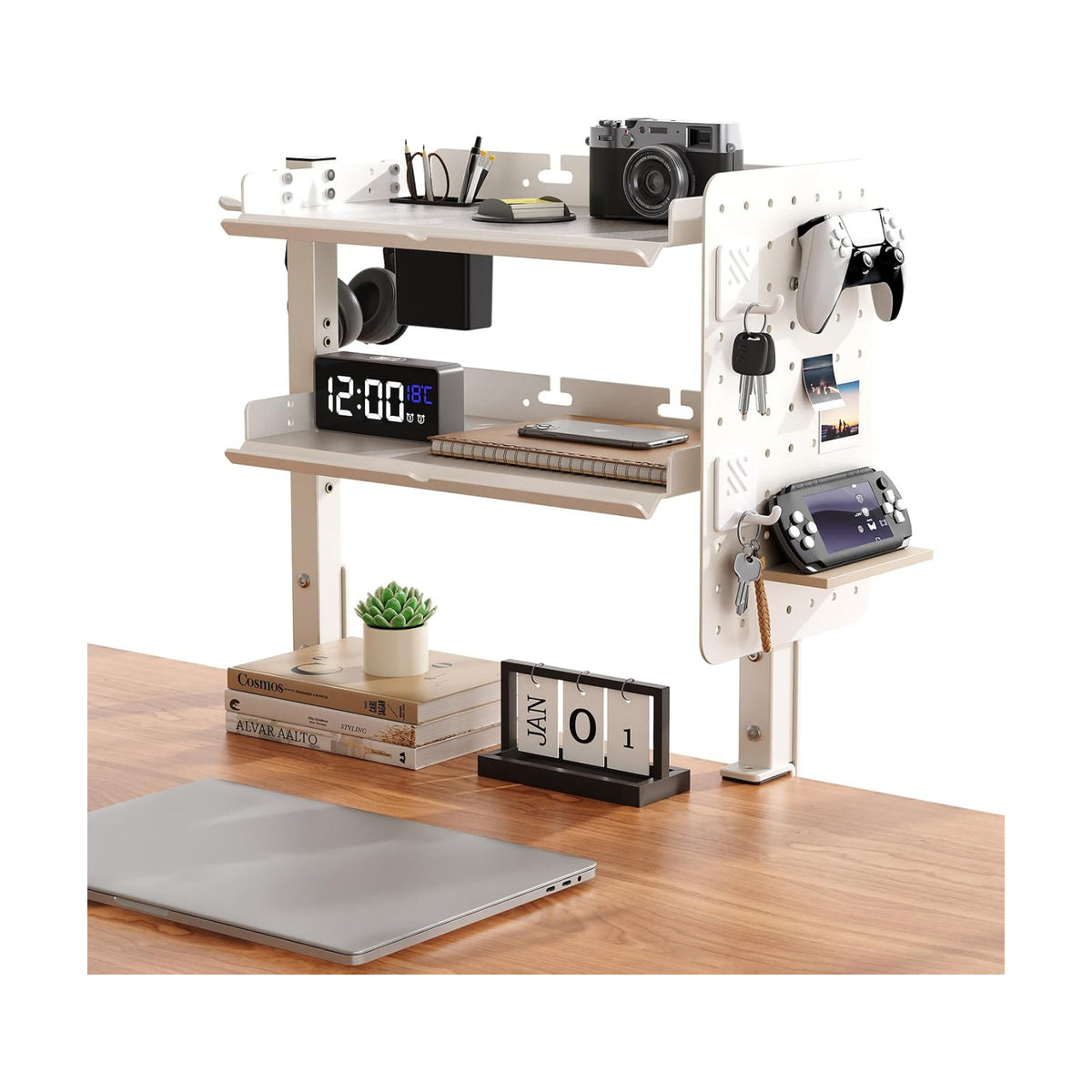 Metal Clamp On Desk Shelf,Storage Shelves with Pegboard and Pencil Holder | 2-Tier Adjustable 16 inch Above or Under