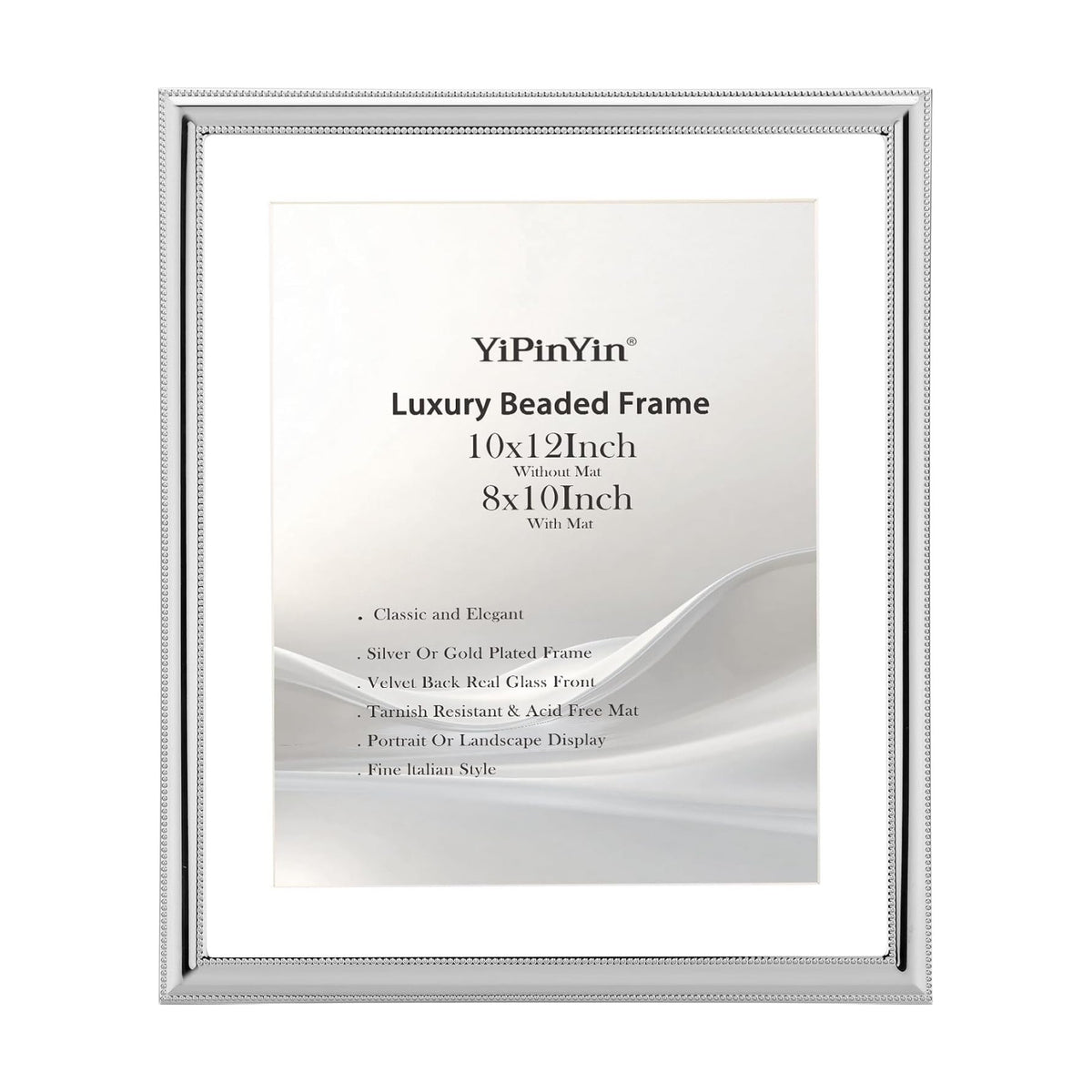 YiPinYin Classy Silver Plated 10x12'' Metal Beaded Picture Frame,with Acid Free Mat for 8x10'',Features Real Glass and