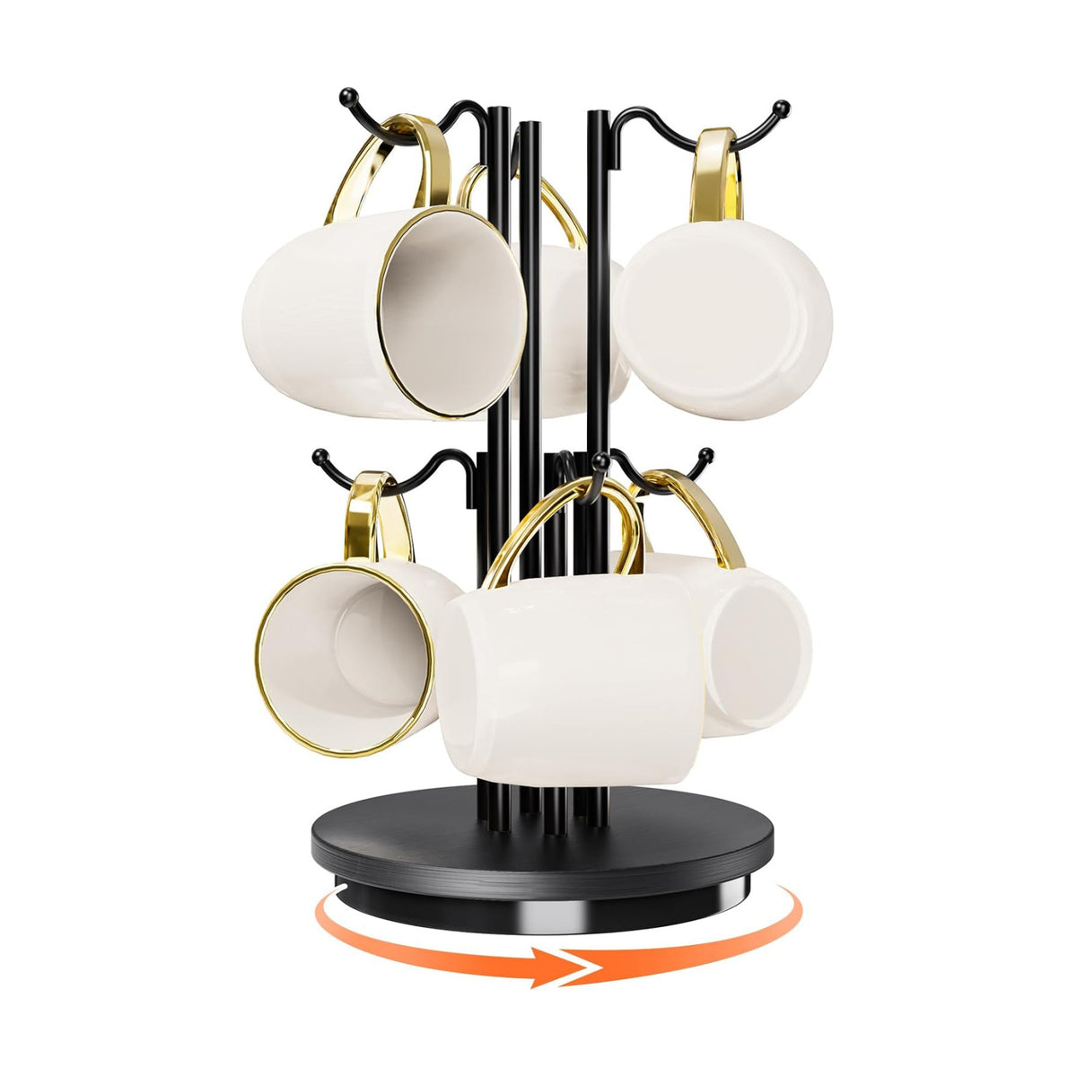 6-Hook 360° Rotating Large Coffee Mug Holder Tree, Wood Base, Black | 360° rotation, 6 mugs (12-16oz), 5.7" spacing