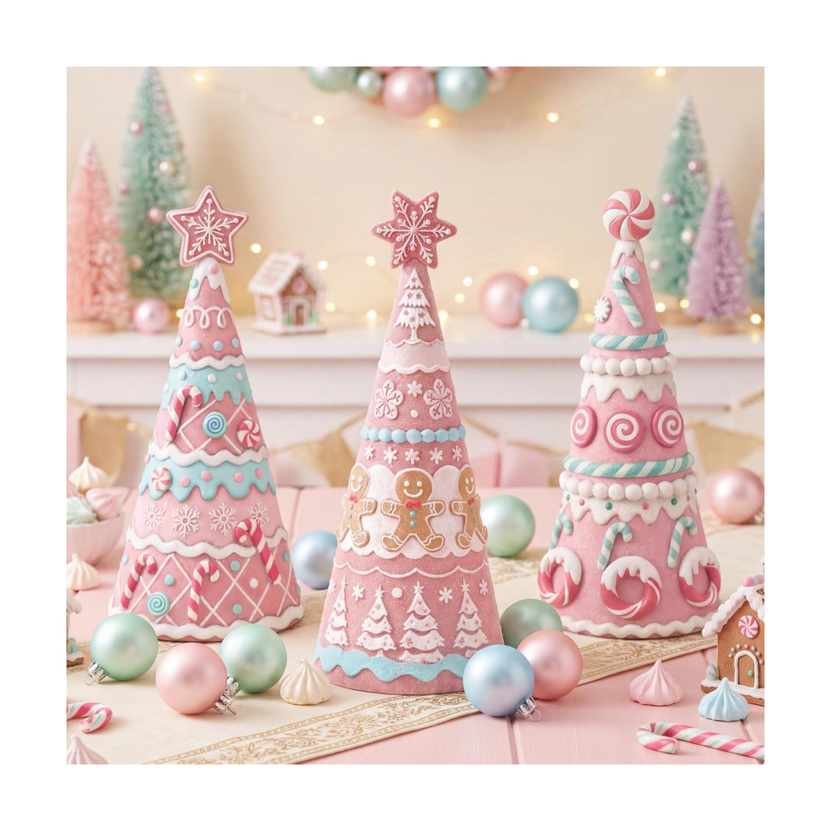 Simgoing 3 Pcs Pink Gingerbread Christmas Tree Figurines Pastel Table Decor