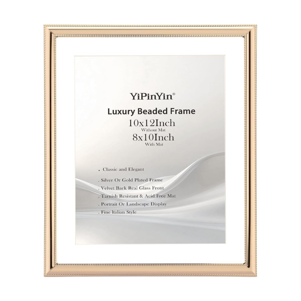 YiPinYin Classy Gold Plated 10x12'' Metal Beaded Picture Frame,with Acid Free Mat for 8x10'',Features Real Glass and