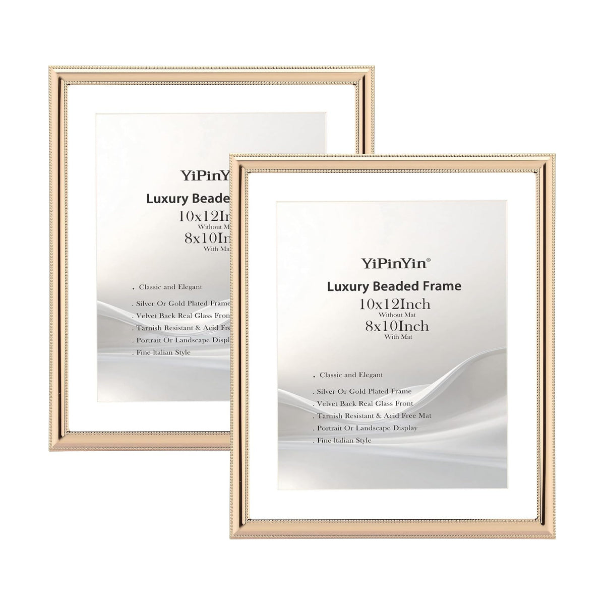 YiPinYin Classy Gold Plated 10x12'' Metal Beaded Picture Frames 2pack,with Acid Free Mat for 8x10'',Features Real Glass