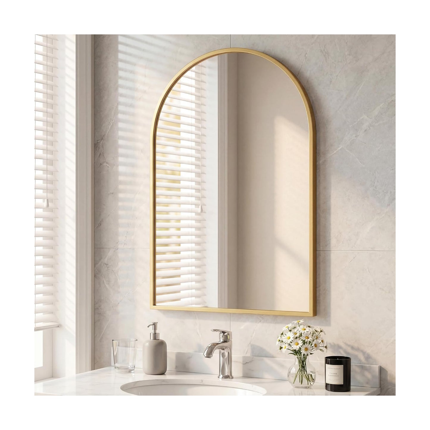 Arched Gold Bathroom Mirrors for Wall, 26x38-Inch Bathroom Mirror for Over Sink, Wall Vanity Mirror with Matte Metal