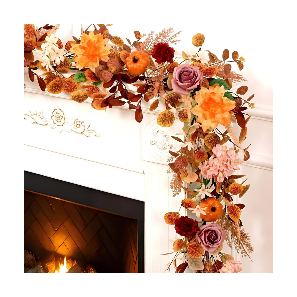 6FT Fall Garland for Mantle, Pumpkin Dahlia Garland Fall Decor