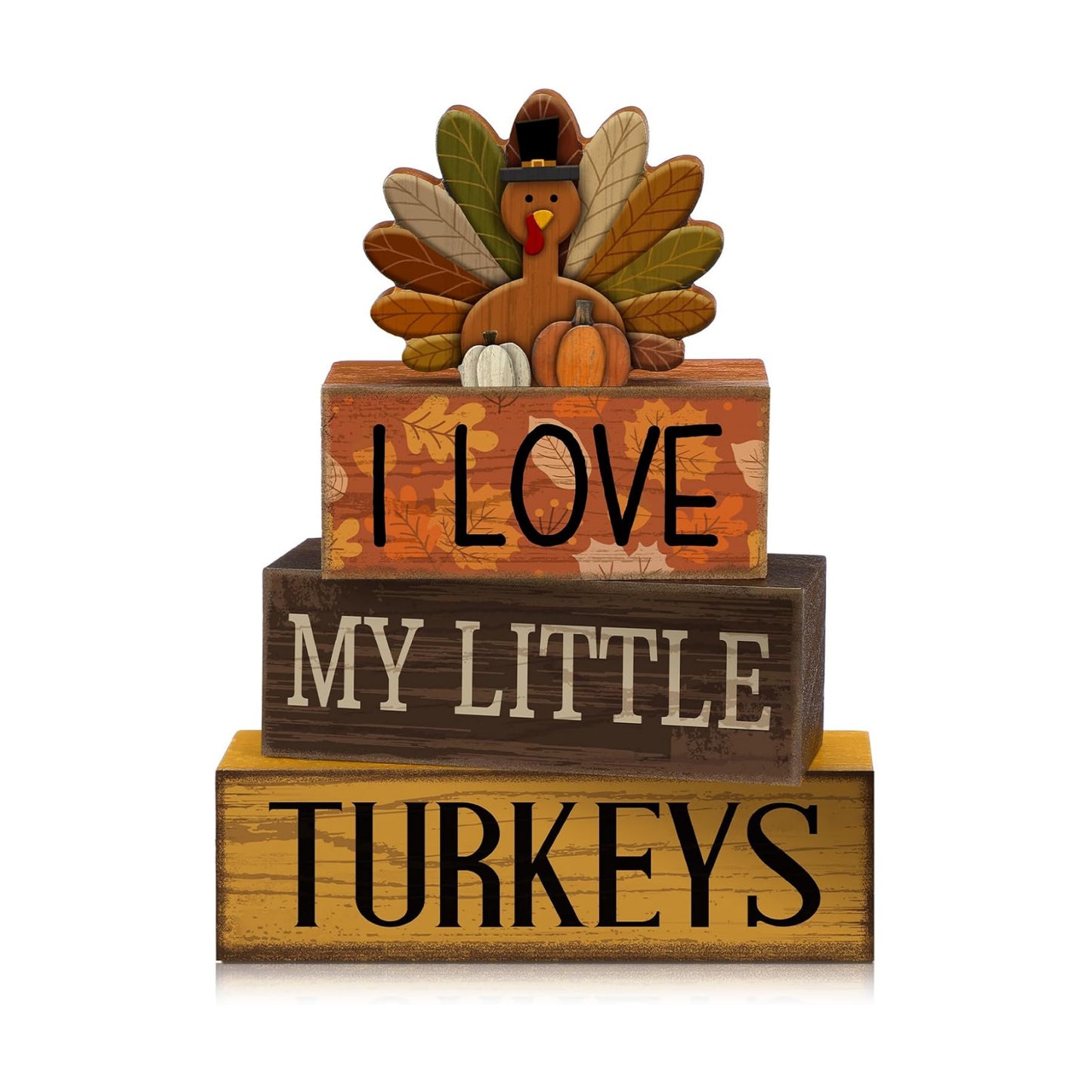 Lineshading 4 Pcs Thanksgiving Block Signs, I Love My Little Turkeys Wood