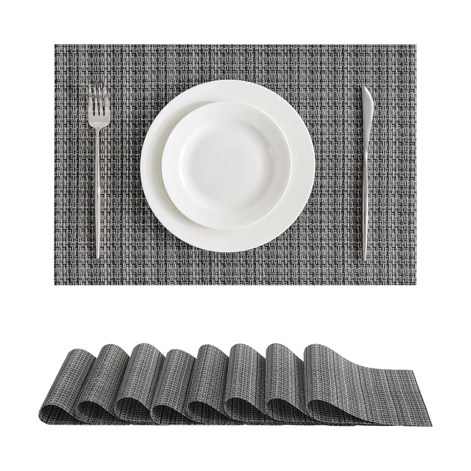 Leetaltree Woven Vinyl Placemats Set of 8, Charcoal Gray | High Density, Basketweave Woven, Stain Resistant, Easy to