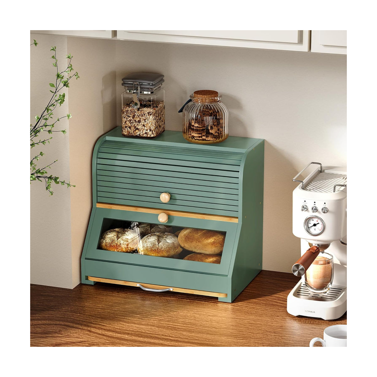 HOLTICO Roll Top Bamboo Bread Box with Cutting Board for Kitchen, Green | 2-Tier Large Wood Bread Bin for Kitchen