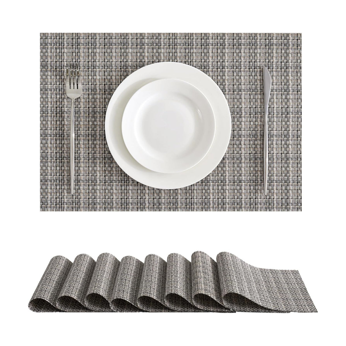 Leetaltree Woven Vinyl Placemats Set of 8, Beige Gray | High Density, Basketweave Woven, Stain Resistant, Easy to