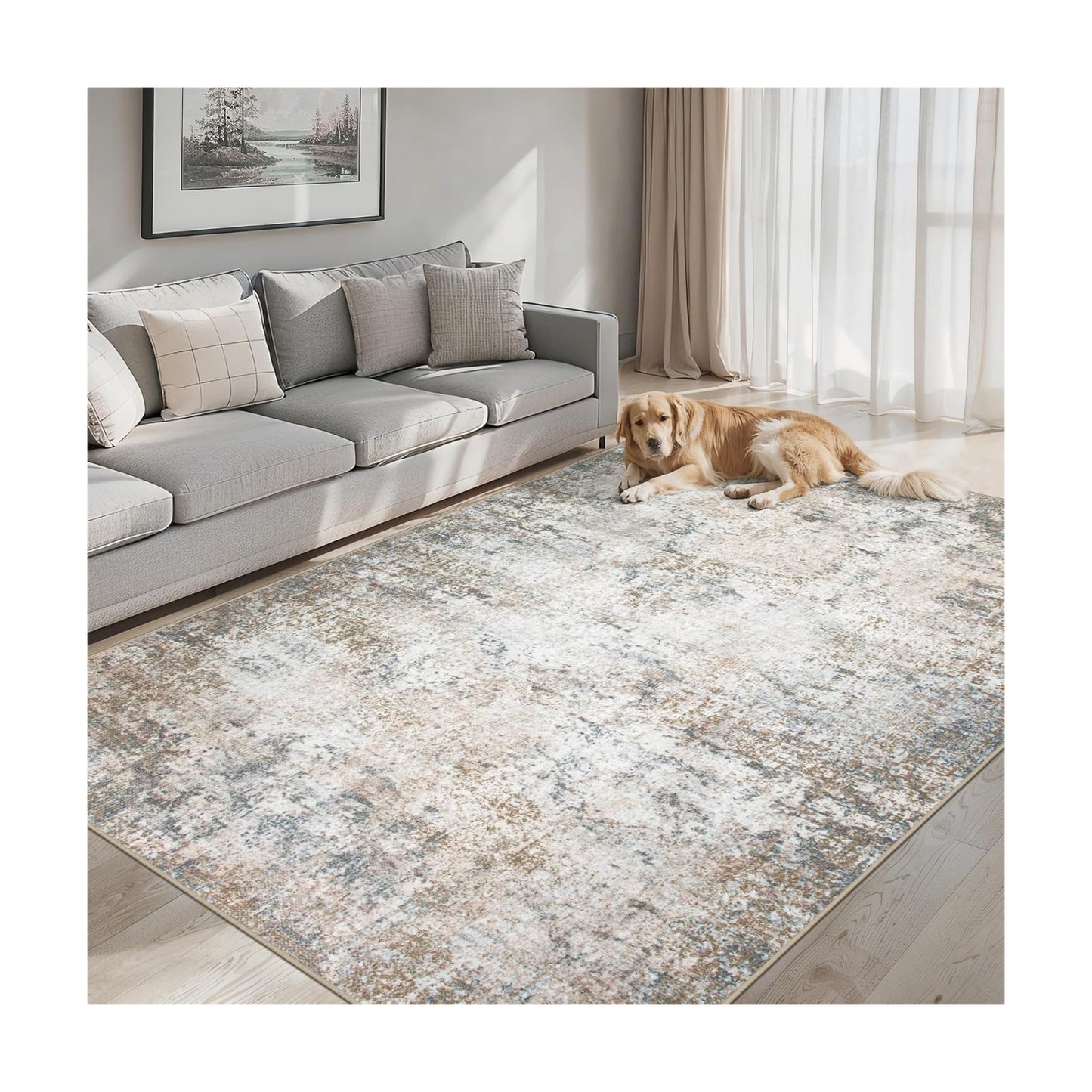 PLHXFR Area Rug Living Room: 5x7 Abstract Washable Carpet Brown Grey