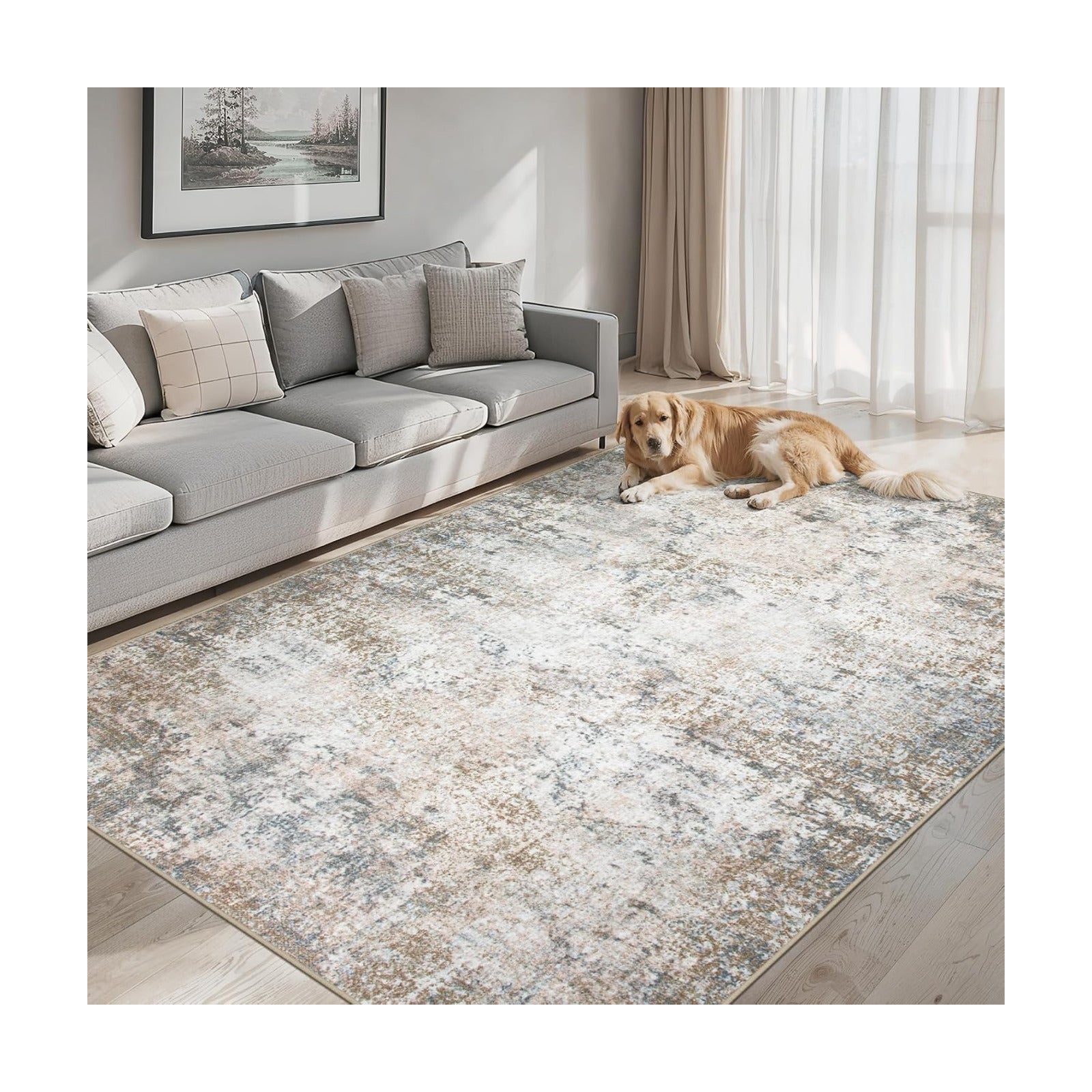 PLHXFR Area Rug Living Room: 5x7 Abstract Washable Carpet Brown Grey