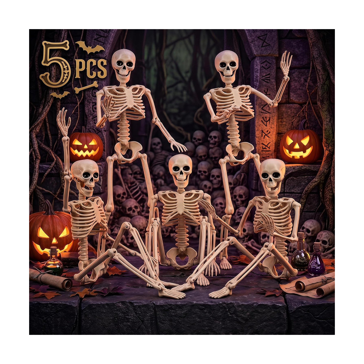 5PCS 16in Posable Skeleton Halloween Decorations,Mini Skeletons for Yard