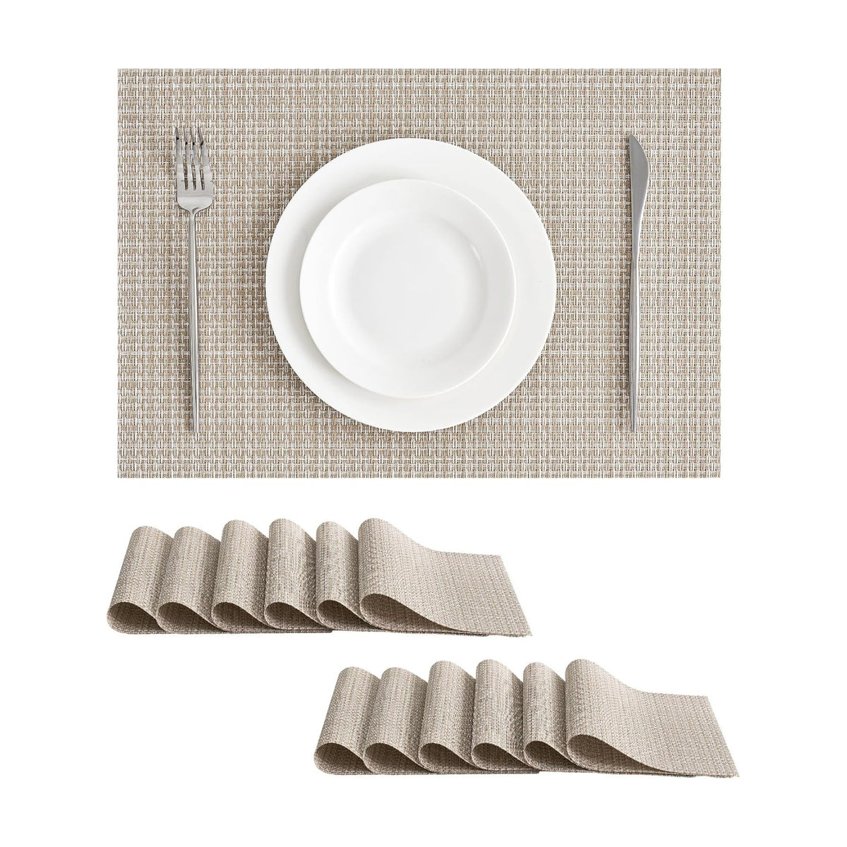 Leetaltree Woven Vinyl Placemats Set of 12, Beige | High Density, Basketweave Woven, Stain Resistant, Easy to Clean