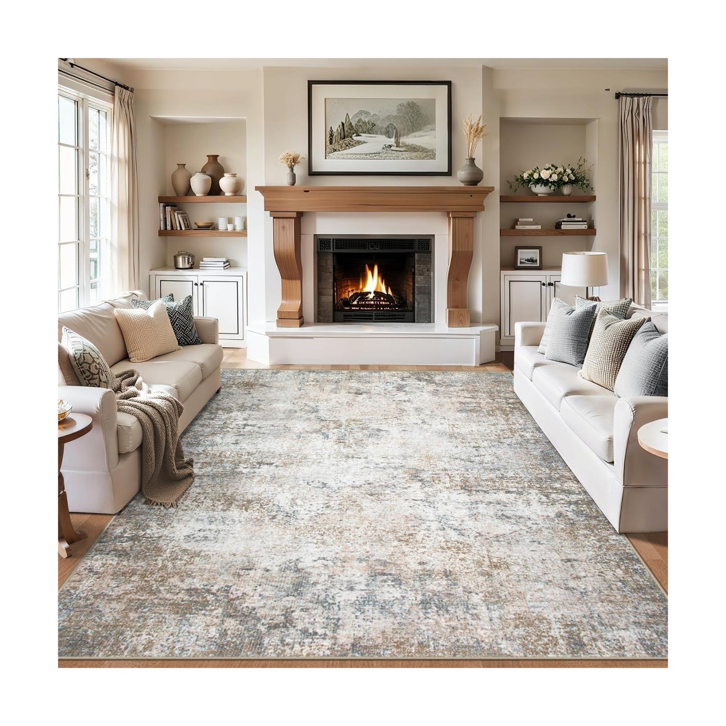 PLHXFR 10x14 Area Rug Living Room: Abstract Washable Carpet Brown Grey