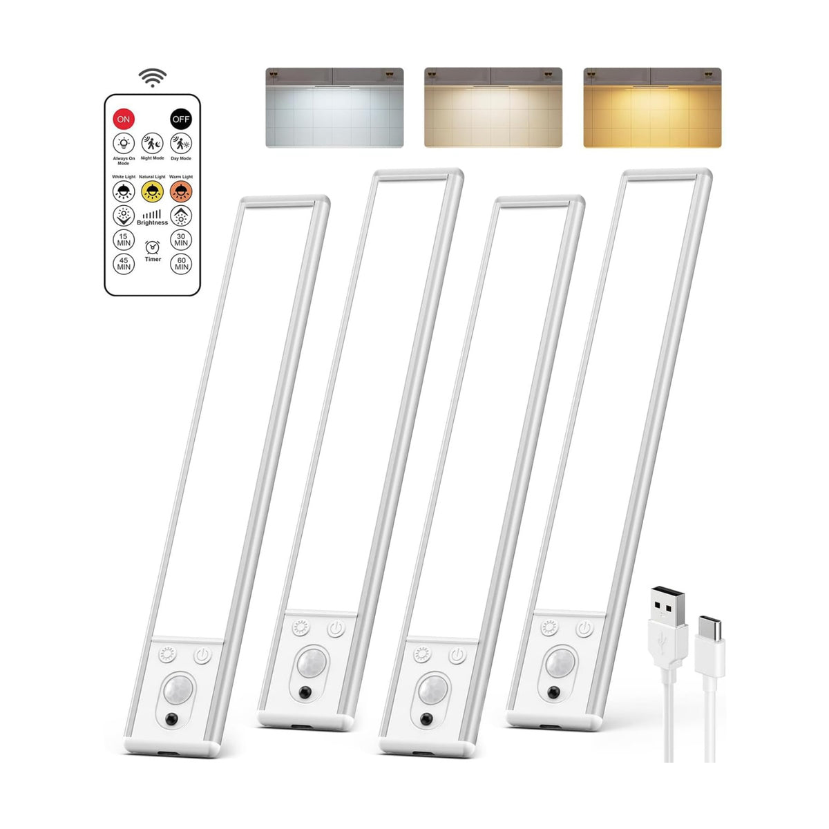 10inch Under Cabinet Lighting Wireless, LED Rechargeable Motion Sensor Light Indoor, Closet Lights with Remote, 3 Color