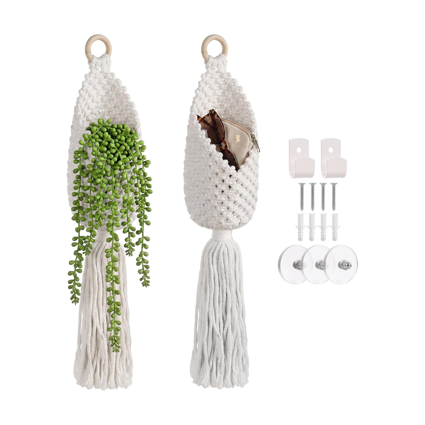 Small Woven Baskets Boho Tassel Decor Storage Cotton Rope Pouches / White / Set of 2