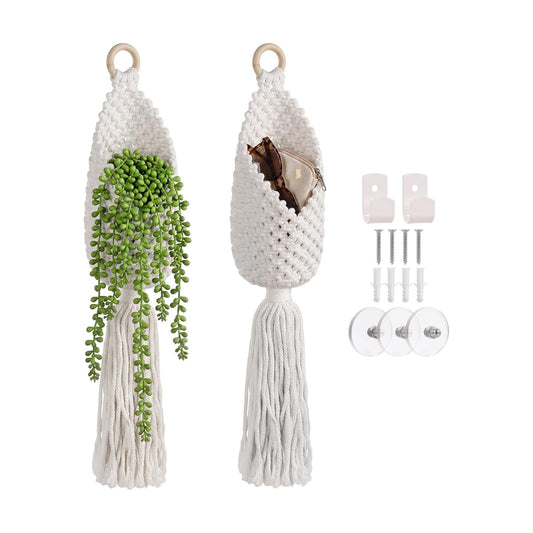 Small Woven Baskets Boho Tassel Decor Storage Cotton Rope Pouches / White / Set of 2