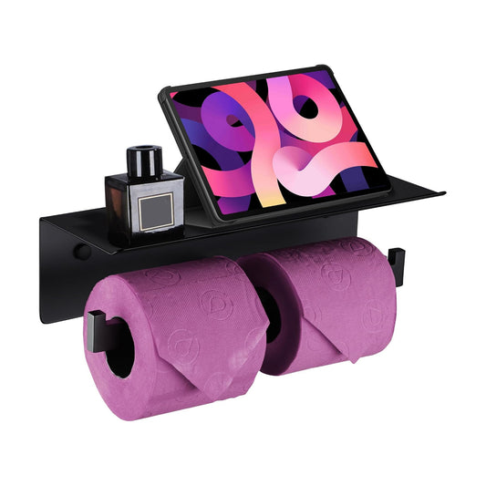 LANC Double Toilet Paper Holder with Shelf, Matte Black Commercial Toilet Tissue Roll Dispenser with Phone Shelf