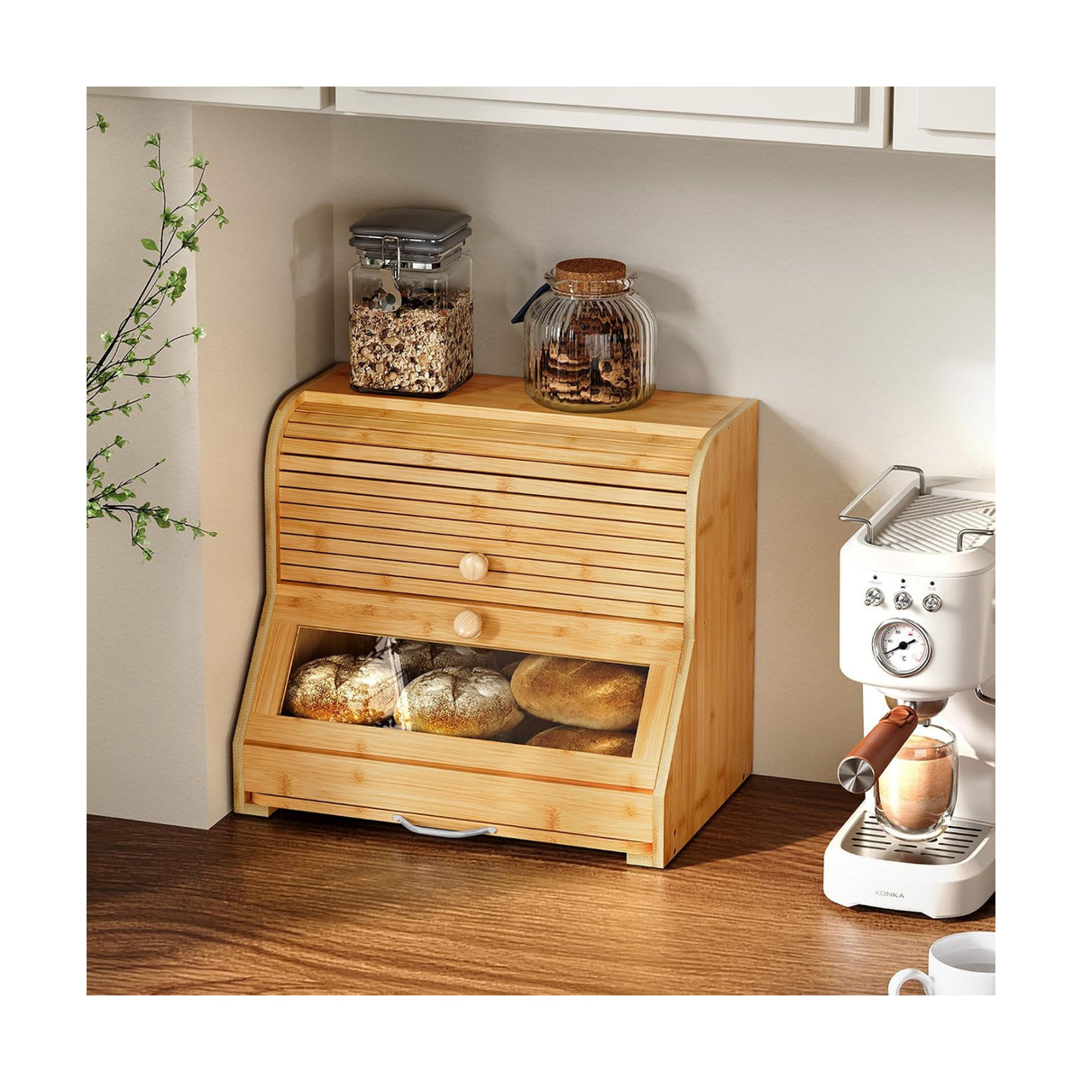 HOLTICO Roll Top Bamboo Bread Box with Cutting Board for Kitchen, Wood | 2-Tier Large Wood Bread Bin for Kitchen