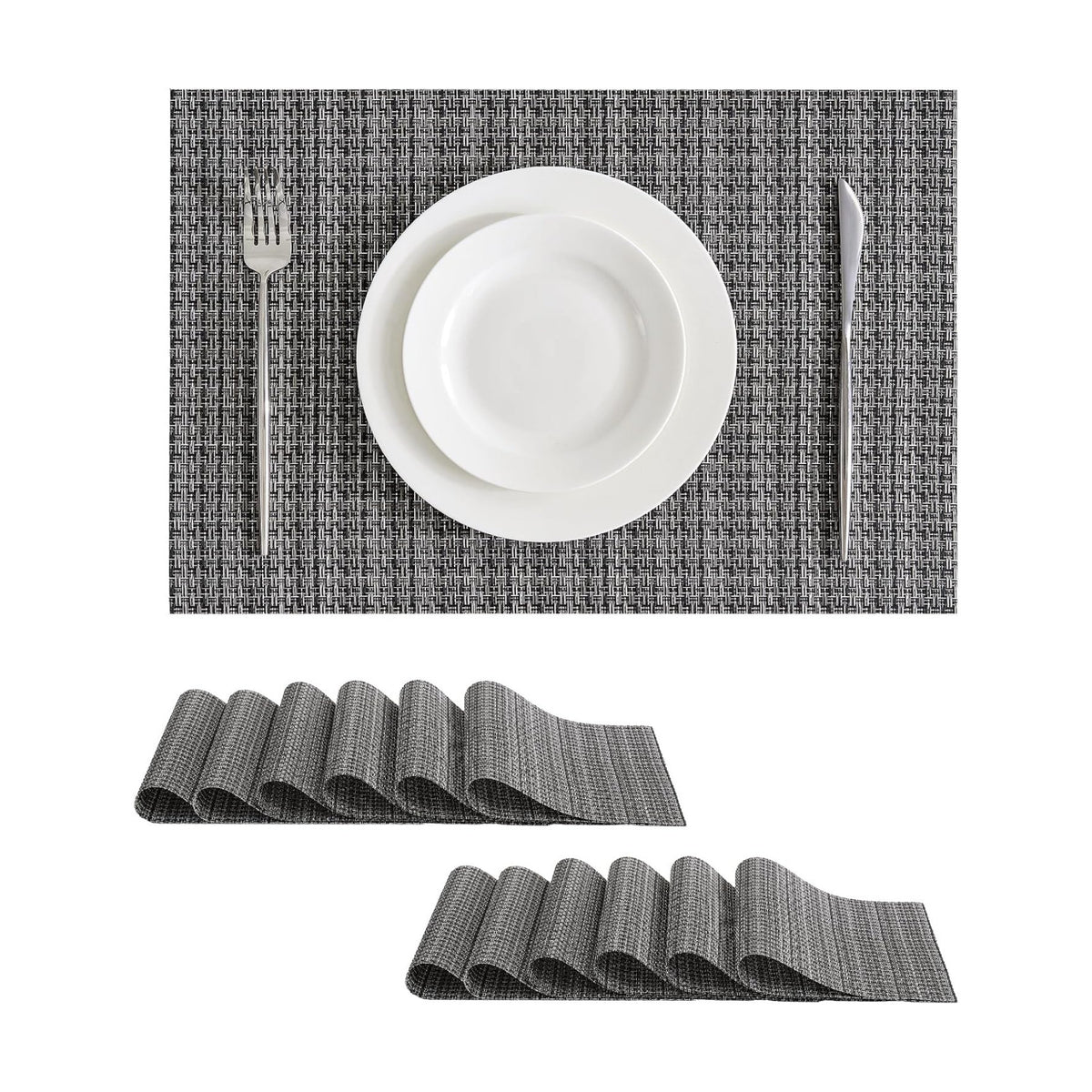 Leetaltree Woven Vinyl Placemats Set of 12, Charcoal Gray | High Density, Basketweave Woven, Stain Resistant, Easy to