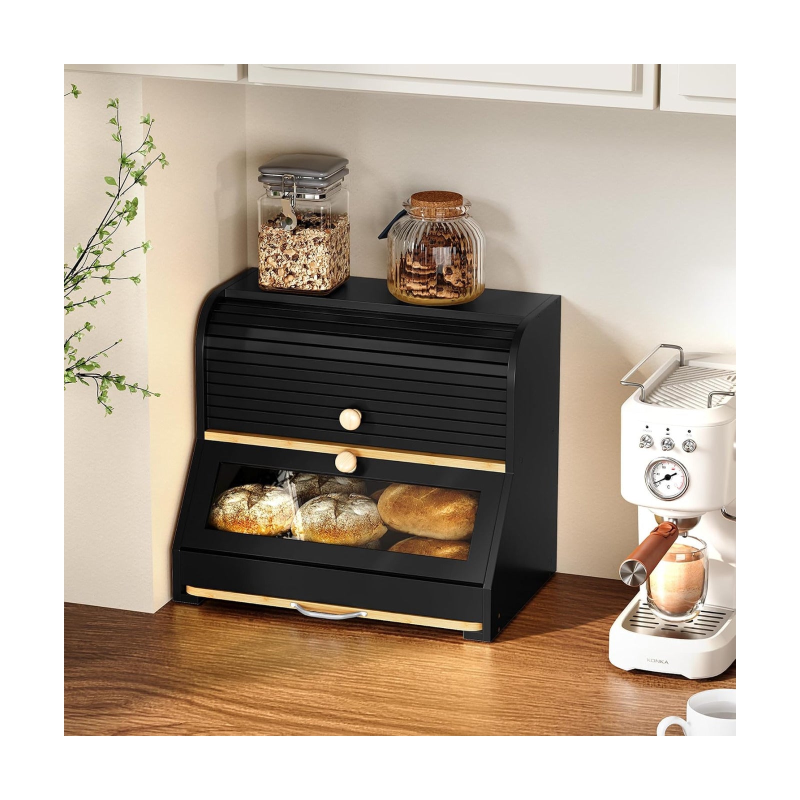 HOLTICO Roll Top Bamboo Bread Box with Cutting Board for Kitchen, Black | 2-Tier Large Wood Bread Bin for Kitchen