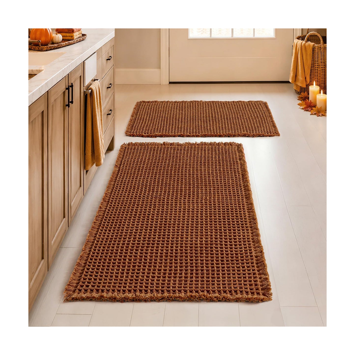 MIULEE Fall Terracotta Set of 2 Waffle Bathroom Rugs 17"x24"+18"x30"