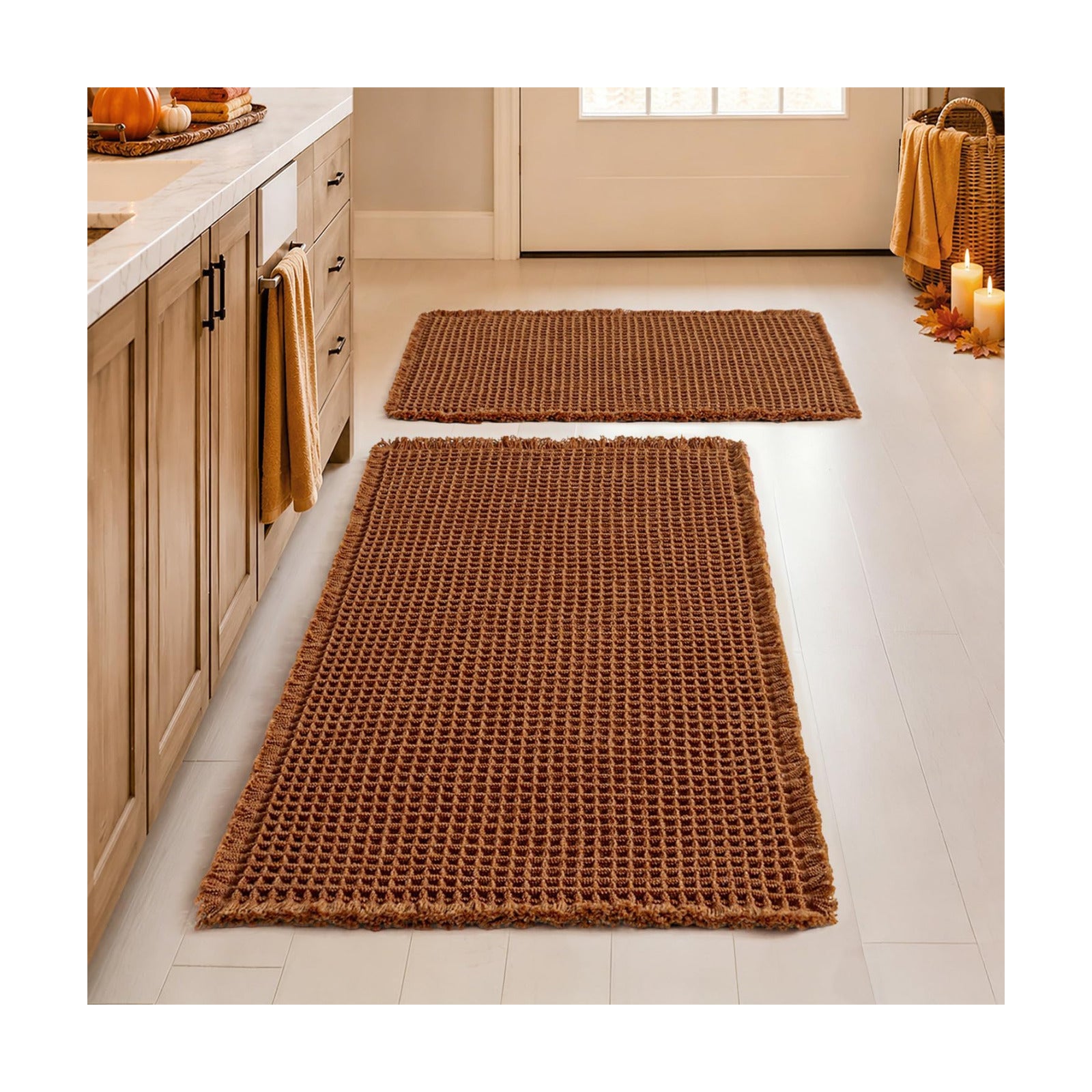 MIULEE Fall Terracotta Set of 2 Waffle Bathroom Rugs 17"x24"+18"x30"