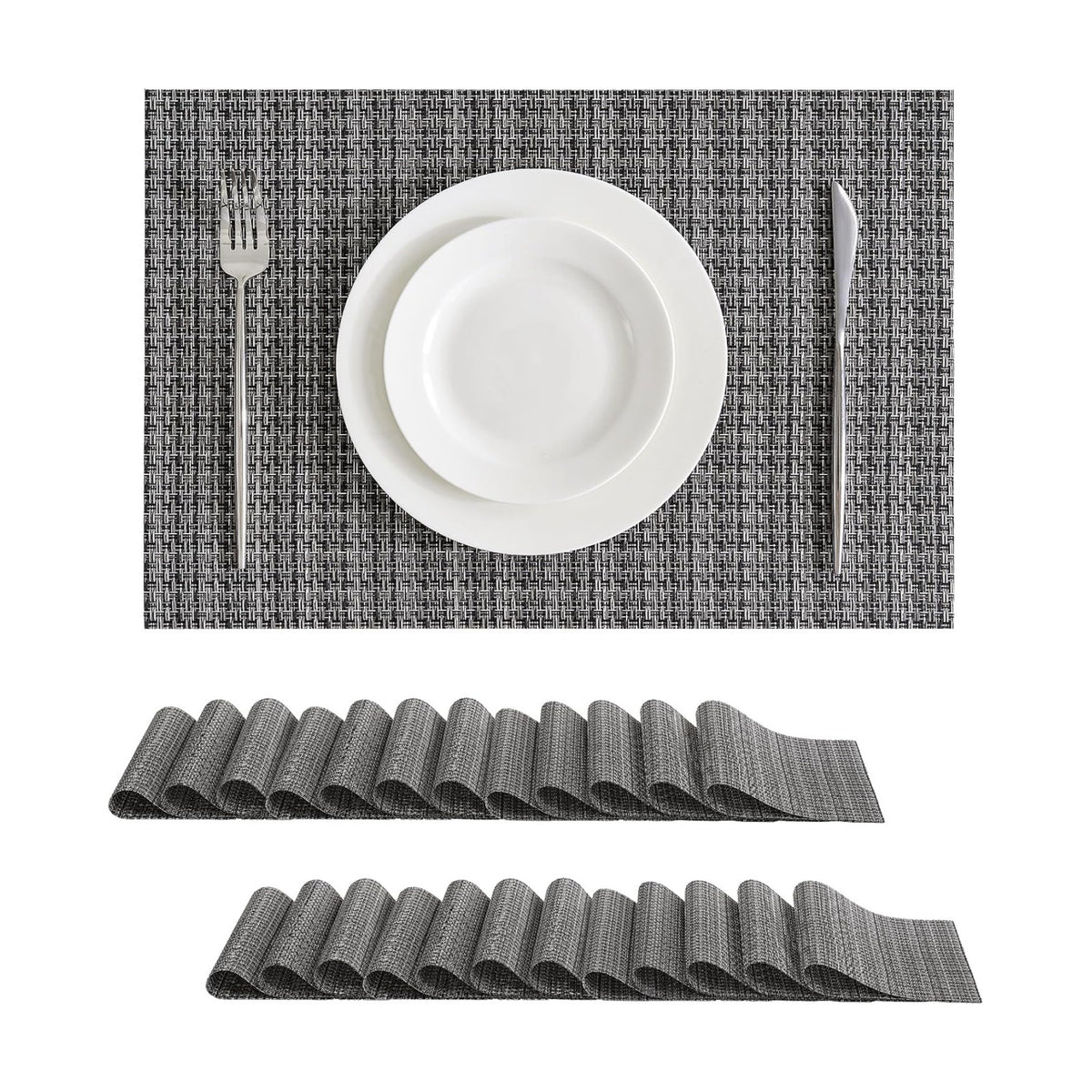 Leetaltree Woven Vinyl Placemats Set of 24, Charcoal Gray | High Density, Basketweave Woven, Stain Resistant, Easy to