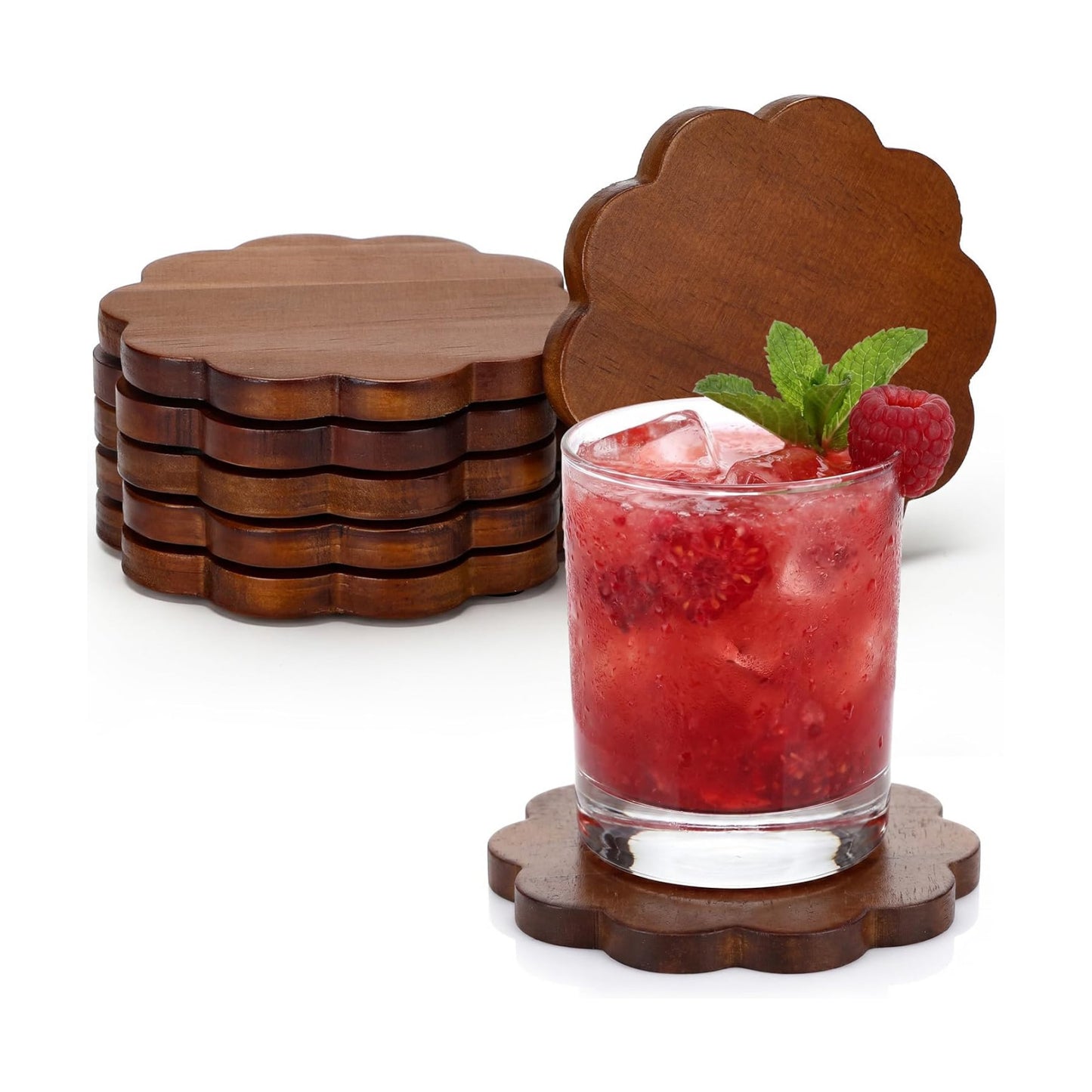 Scalloped Wooden Coasters Wood Color Round Stackable Drink / 3.9 Inch / Classic / Natural / Set of 6