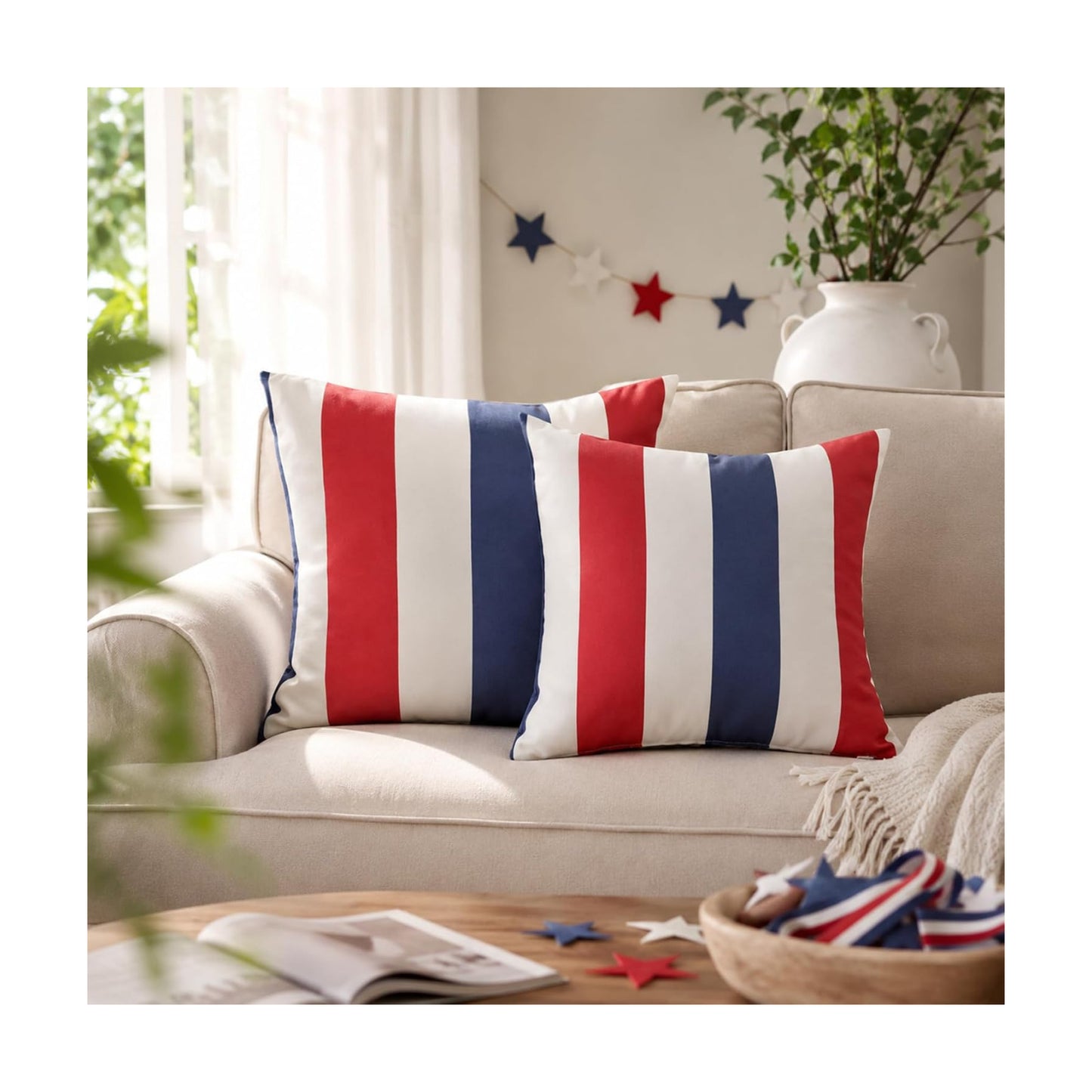 Western Home Outdoor Waterproof Striped Throw Pillow Covers / Red White Blue / 18 x 18 / Set of 2
