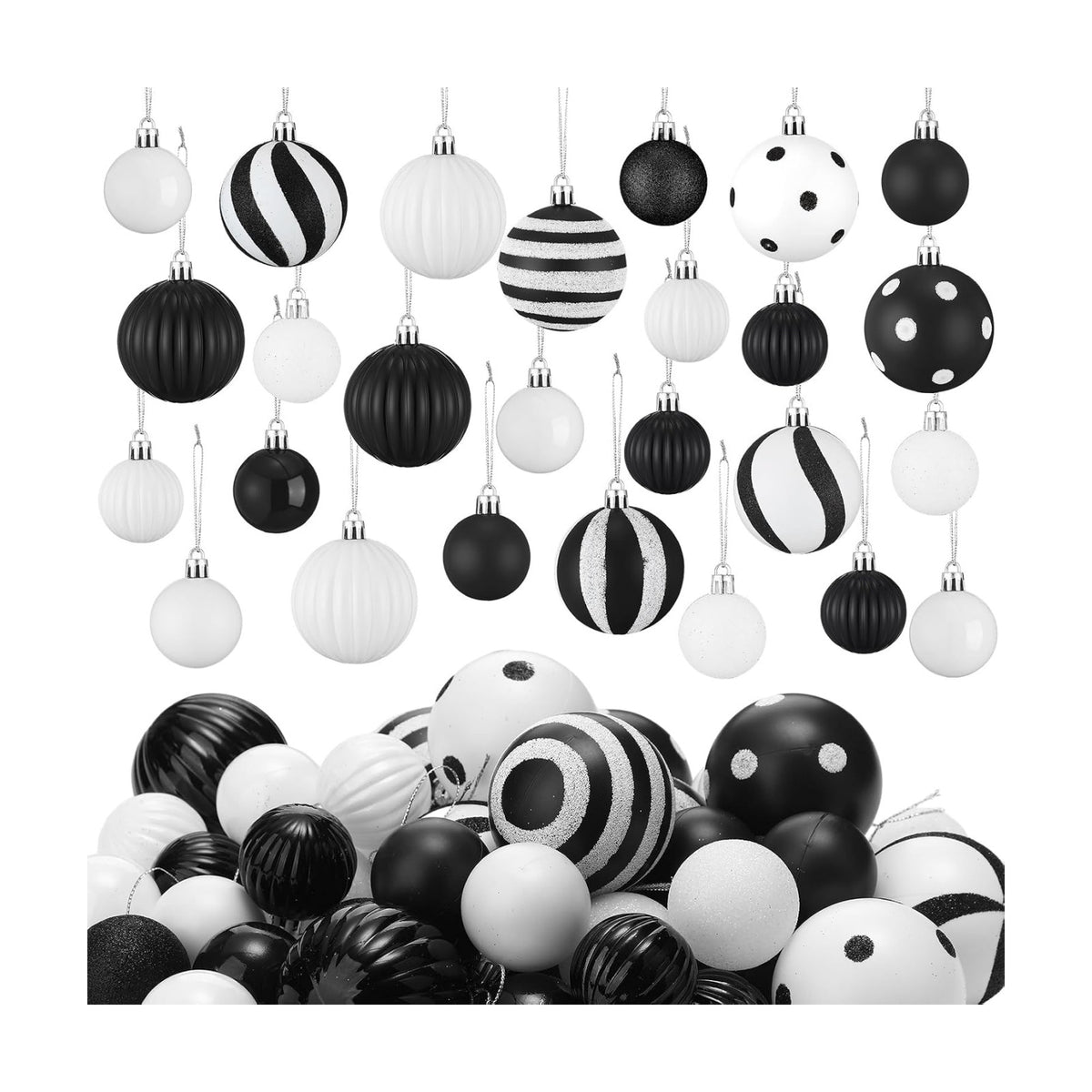 48 Pcs Christmas Ball Ornaments 1.6'' 2.4'' Black White Decor