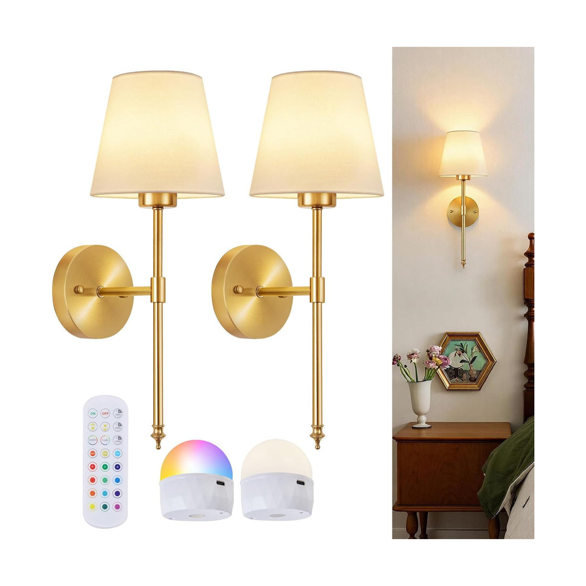 Battery Operated Wall Sconces Set of 2, Wireless Battery Wall Light | with 5200mAh Dimmable Bulbs with Remote,RGB15