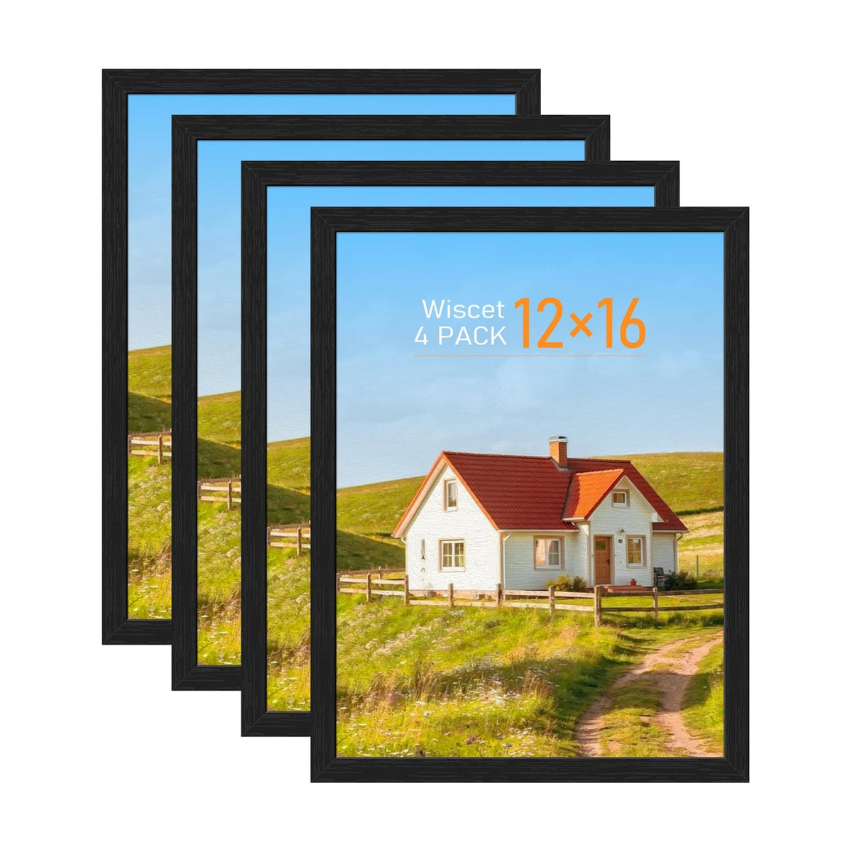 Wiscet 12x16 Picture Frame Set of 4, Black Woodgrain | Display Picture 12x16 Poster Frame without Mat, Horizontal or