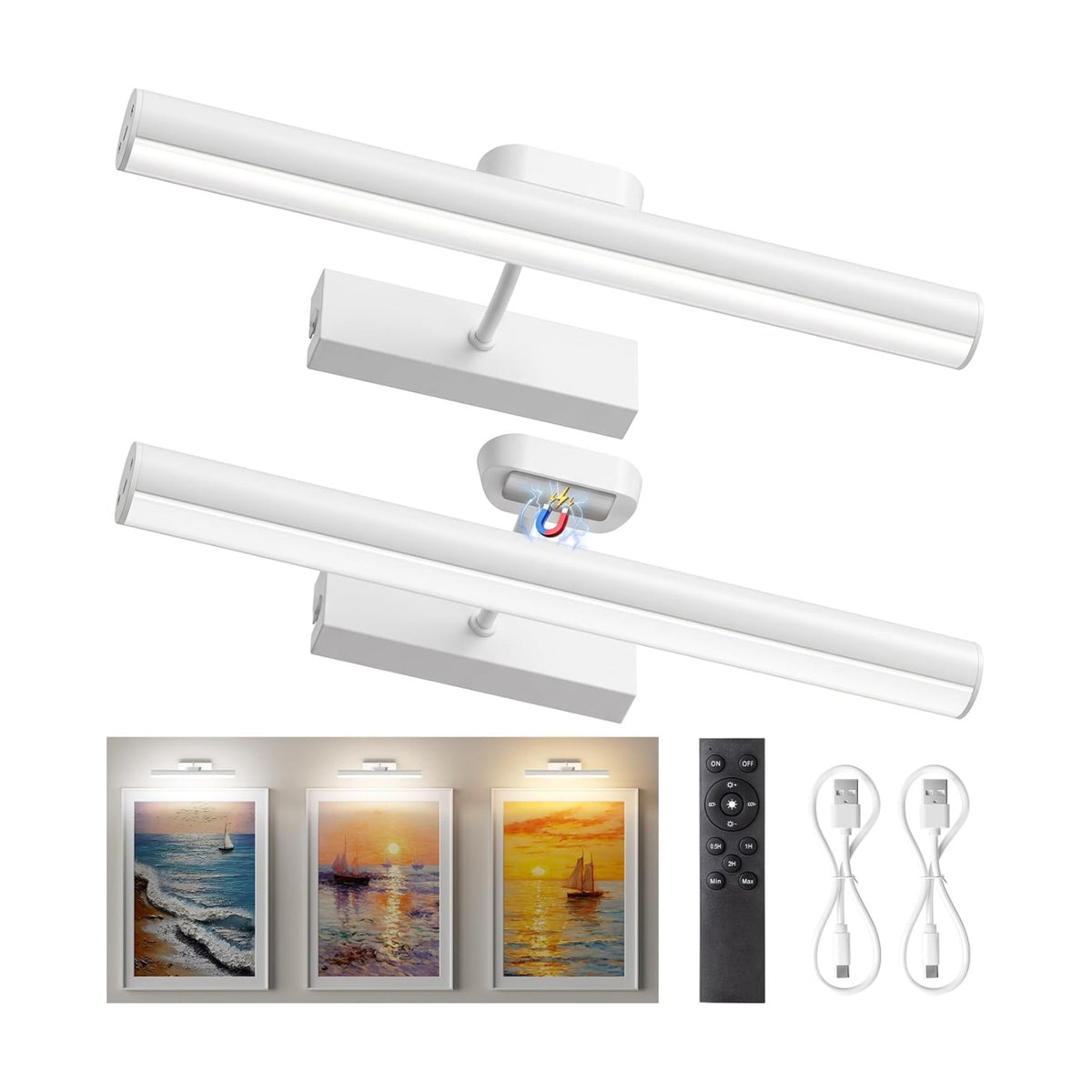Picture Light for Wall, 4000mAh, White, 13.8 Inch, 2 Pack | Cordless Rechargeable, LED Art Light with Remote, Dimmable