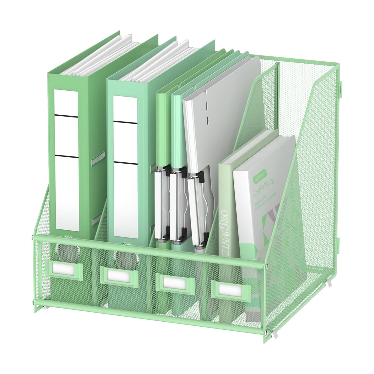 DALTACK 4-Slot Magazine File Holder, Metal Binder Holder, Mint Green | Iron Mesh Construction, Labeled Sections for