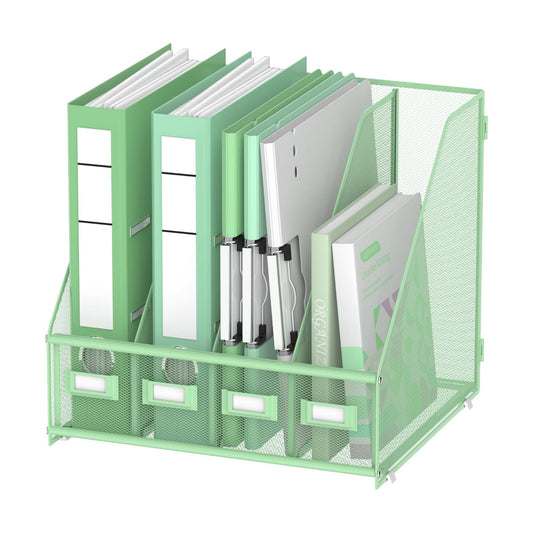 DALTACK 4-Slot Magazine File Holder, Metal Binder Holder, Mint Green | Iron Mesh Construction, Labeled Sections for