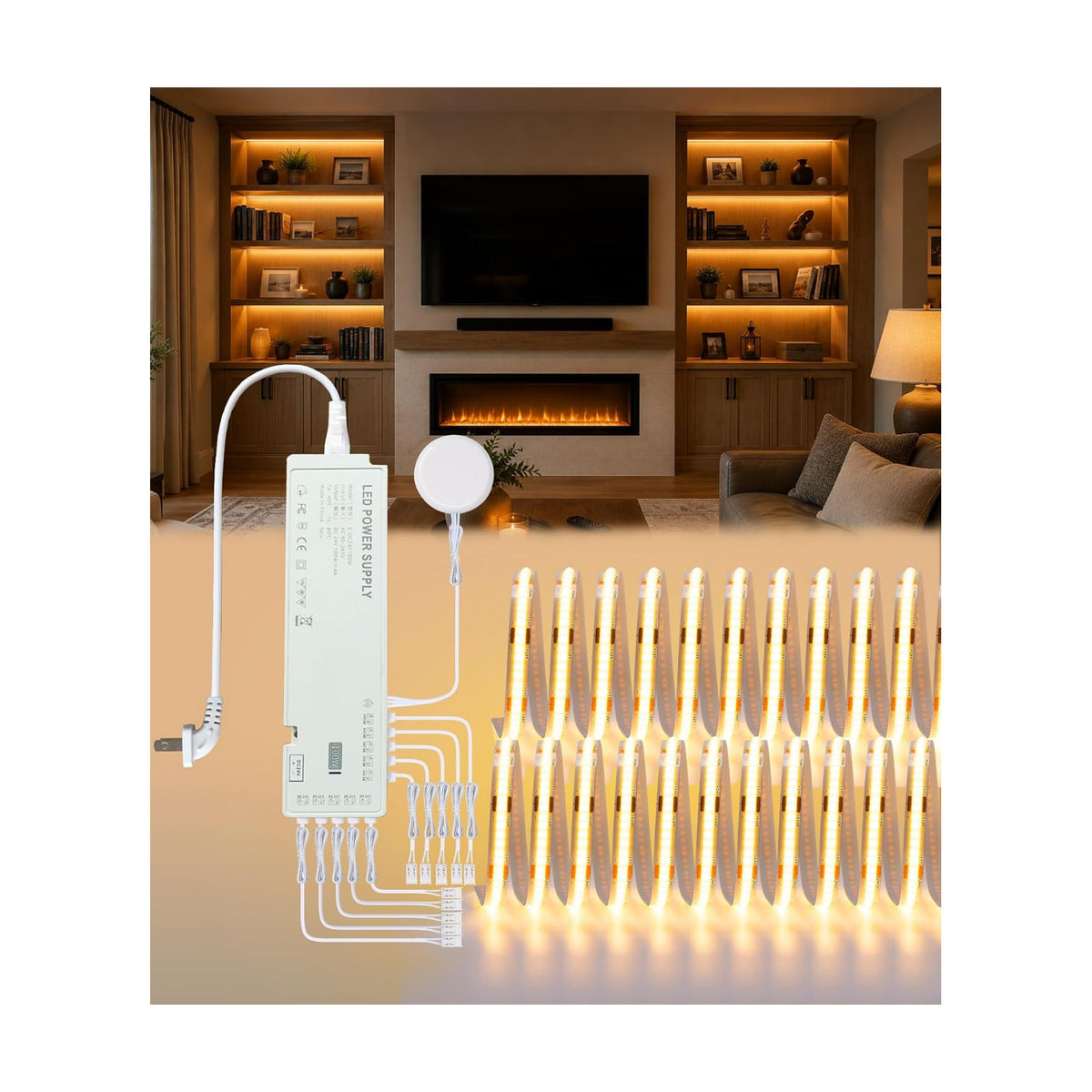 JUSJUBR Shelf Lighting, 32.8ft 24V Dimmable Cuttable COB LED Strip Lights, Warm White 3000K, LED Lights for Shelves