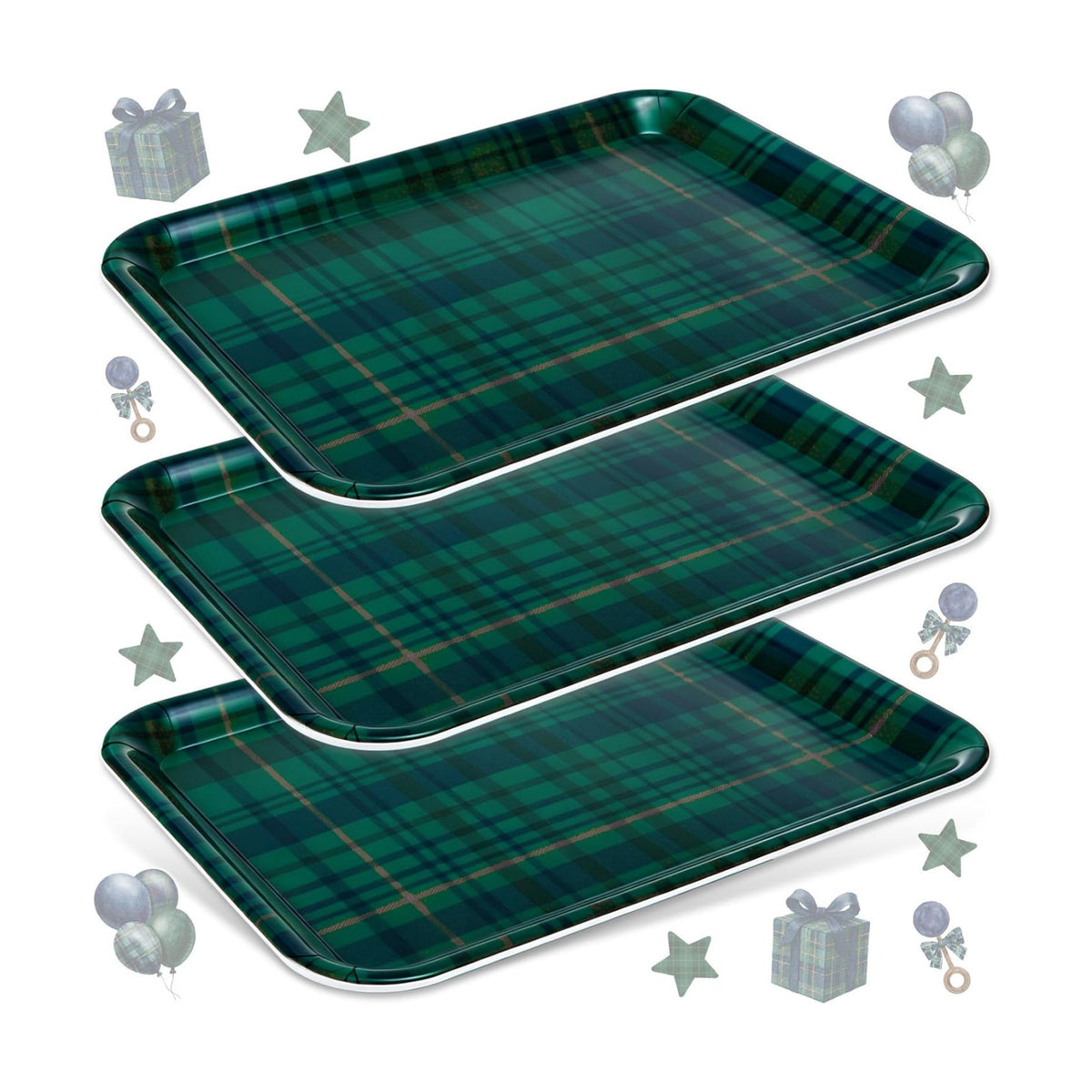 JarThenaAMCS 3Pcs Green Blue Tartan Plaid Serving Trays Vintage Plaid Reusable Serving Dishes Melamine Platter for Christmas Birthday Baby Shower Party Sharing Food Supplies
