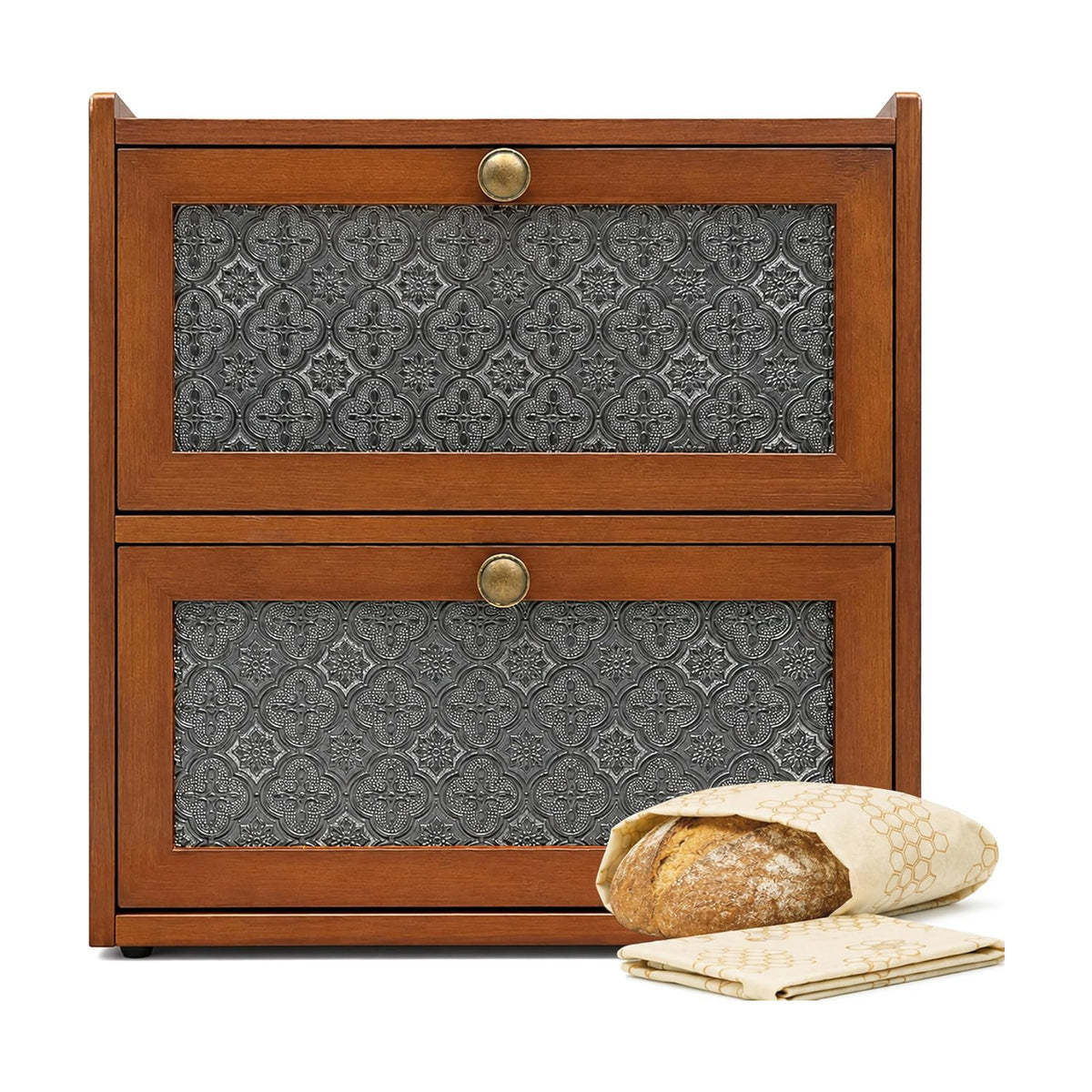 ETMI Vintage Bread Box for Kitchen Countertop - 2 Layer BreadBox Large Carbonized Bamboo Bread Storage Container
