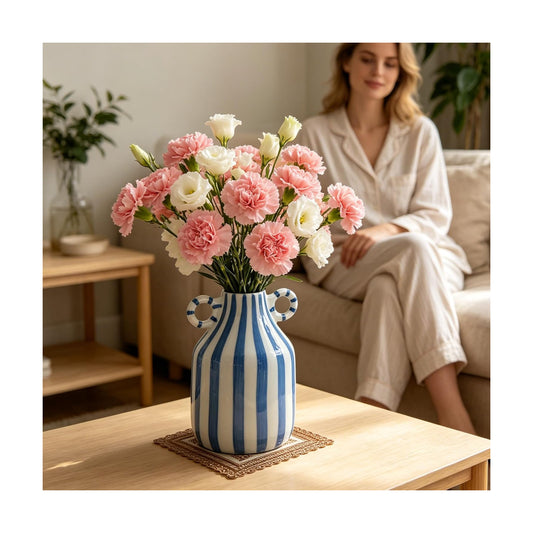 Ceramic Flower Vase / White+blue Handle