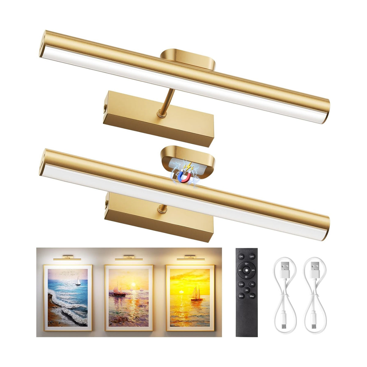 13.8" Cordless Picture Light for wall, Gold, 2 Pack | 4000mAh Rechargeable art lights, RF Remote, Magnetic Detachable