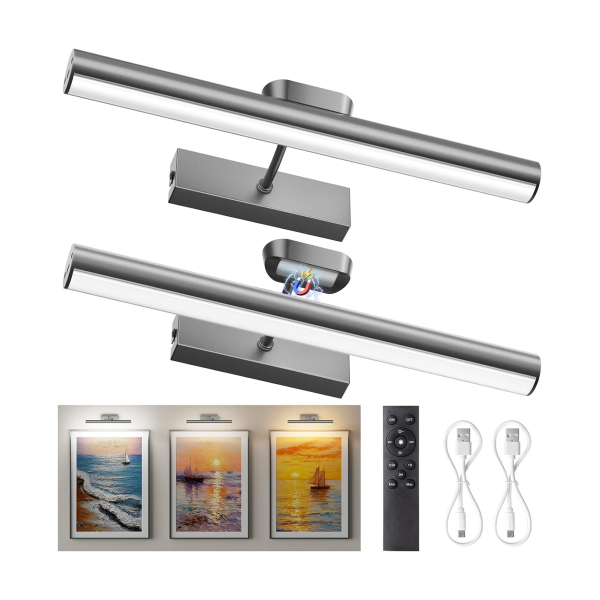 Picture Light for Wall, 4000mAh, 13.8 Inch, 2 Pack Grey | Cordless Rechargeable, LED Art Light with Remote, Dimmable 3