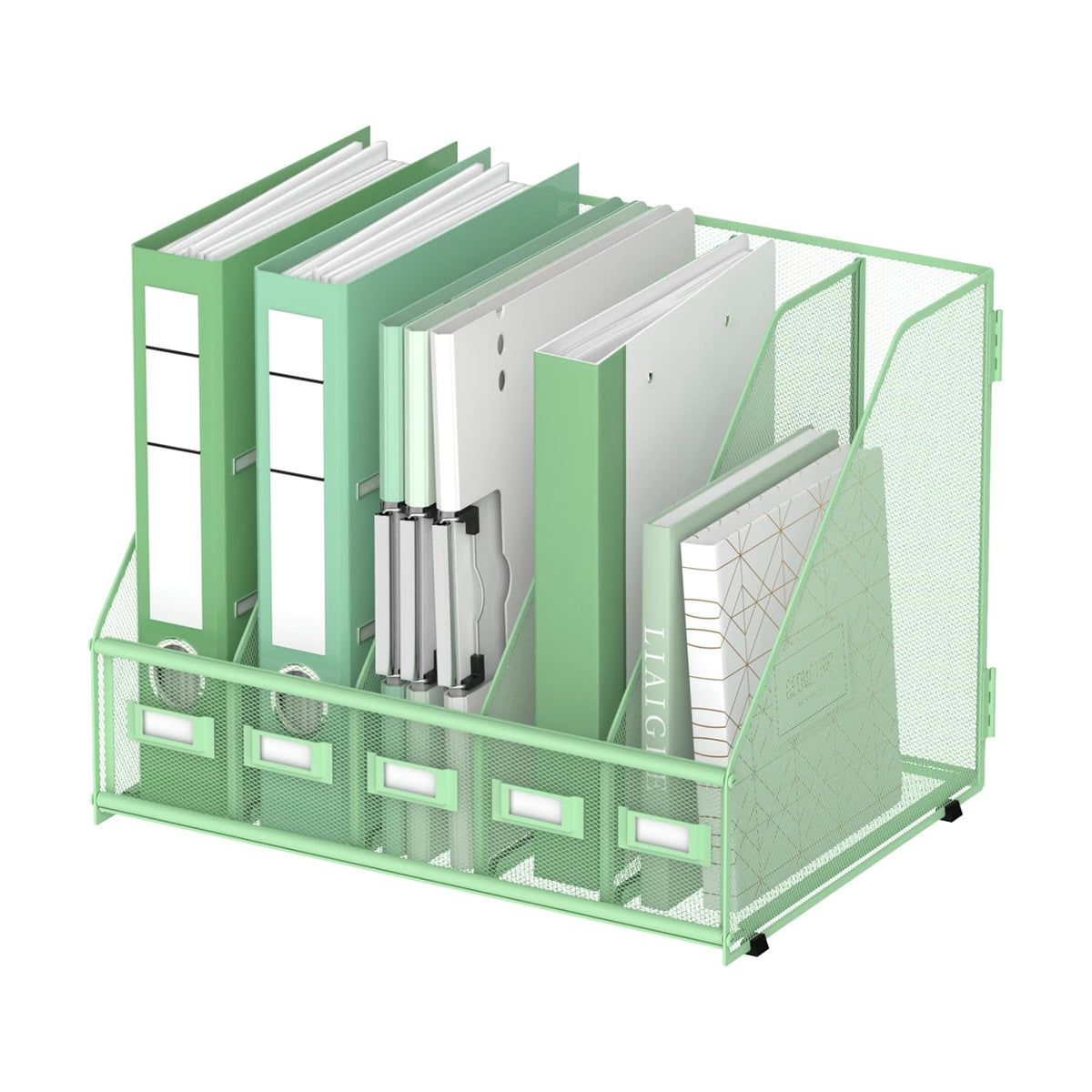 DALTACK 5-Slot Magazine File Holder, Metal Binder Holder, Mint Green | Iron Mesh Construction, Labeled Sections for