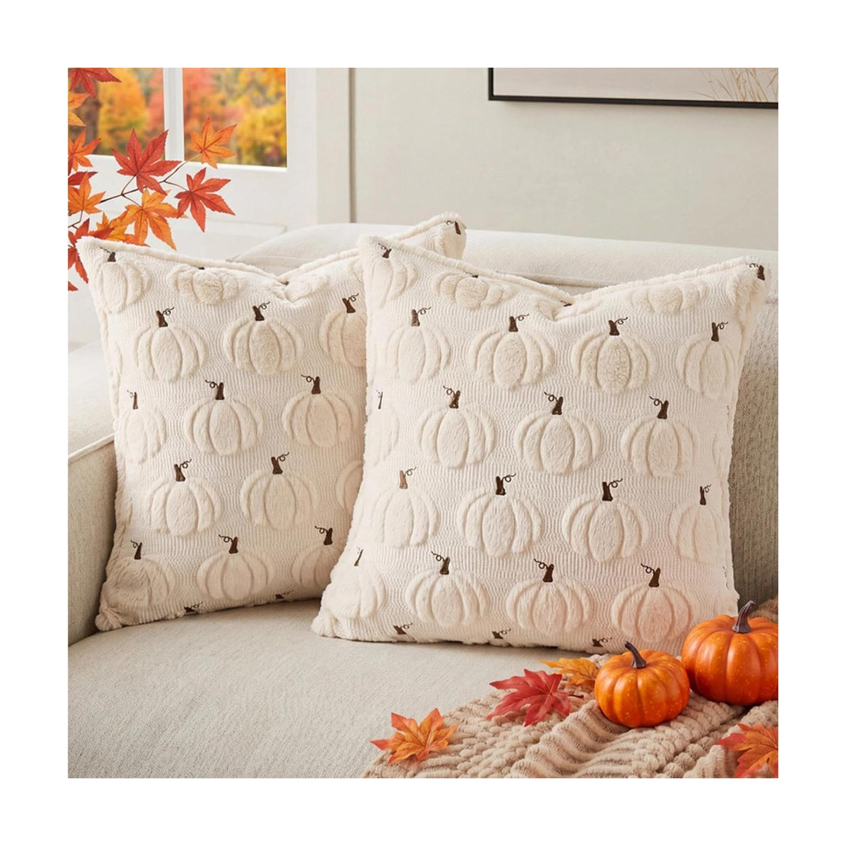 Fall Beige Pillow Covers 20x20 Set of 2 Double-Sided Pumpkin Decor