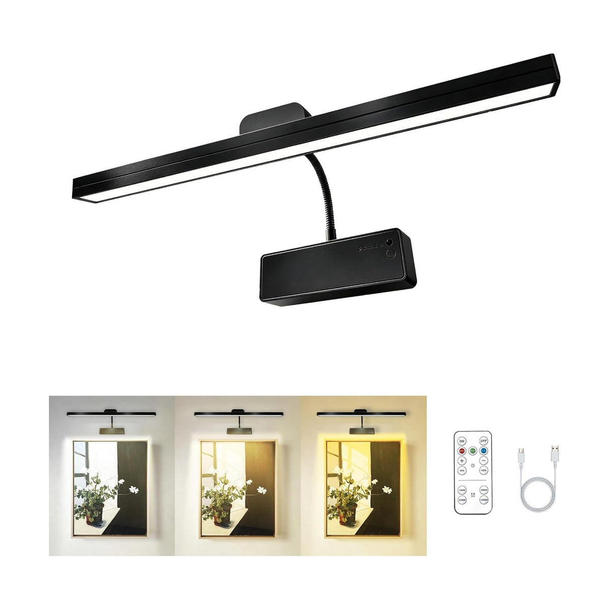 MIOBLUE Picture Light for Wall, 4800mAh Rechargeable Wireless Remote, 15in Dimmable Timer LED Art Display Light with 3